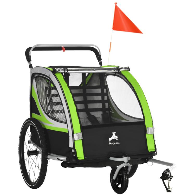 Green and black 2-seat bike trailer jogger stroller with handlebars and orange flag