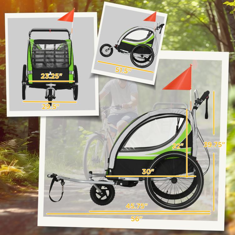 Green and black bike trailer with size measurement overlay, side wheel and frame shown