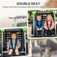 Green and black double-seat trailer with two children seated, padded harness straps