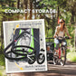 Green and black trailer with folded frame and quick-release wheels, compact storage view