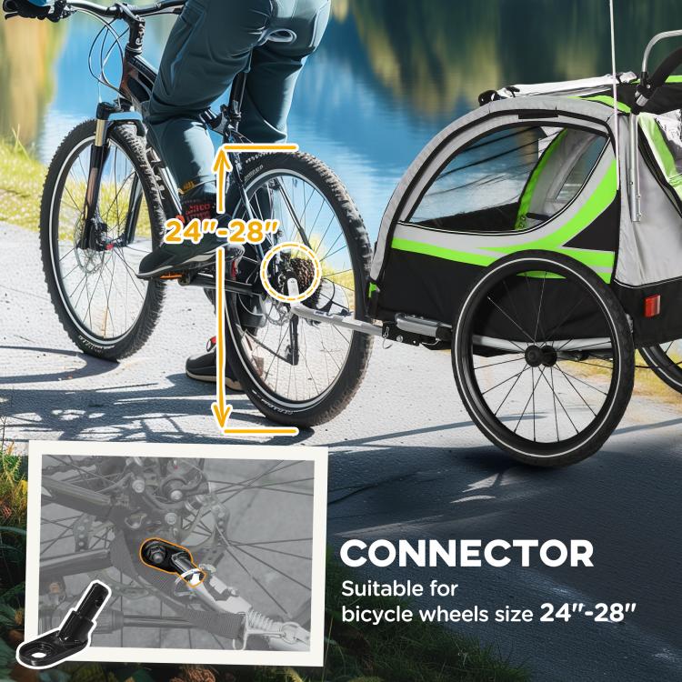 Green and black bike trailer with bicycle connector and rear wheel shown for 24–28 inch tires