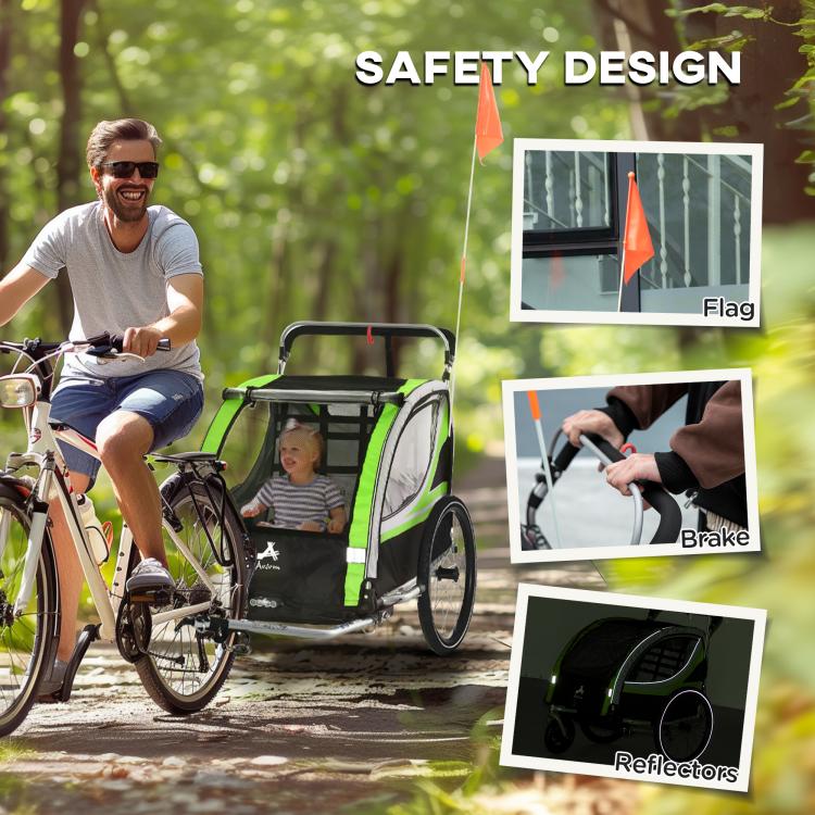 Green and black bike trailer with orange flag, brake, and reflectors for safety