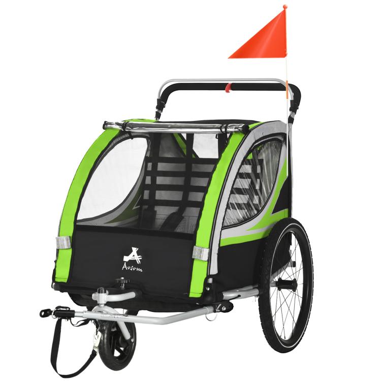 Green double child bike trailer with canopy frame, black mesh sides, front view