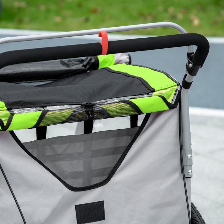 2-seat bike stroller trailer with green fabric panels and black mesh side window