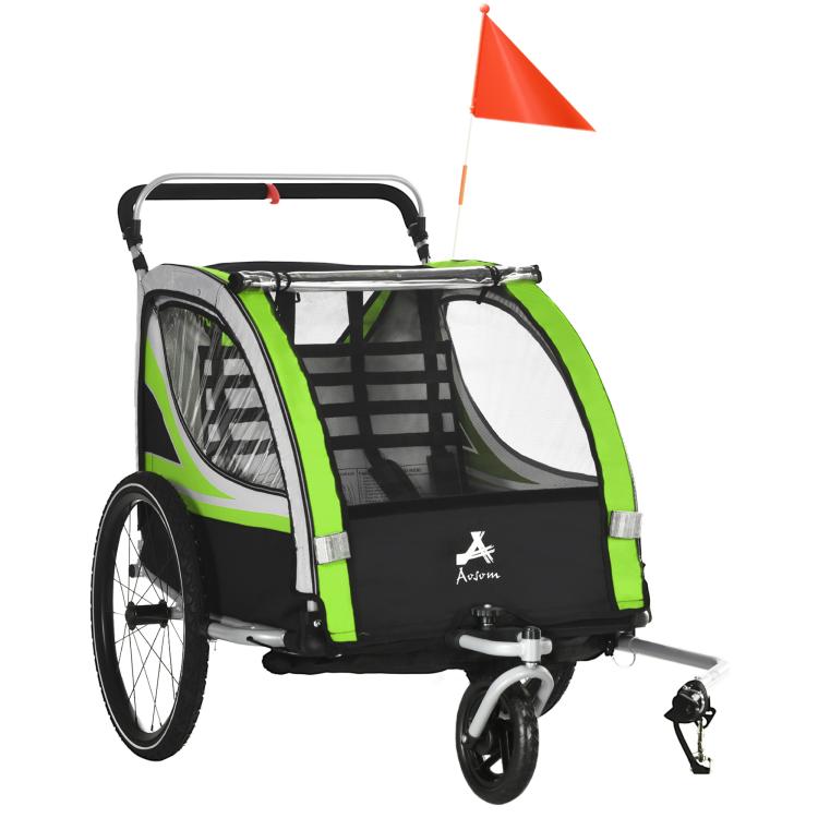 2-seat bike trailer wagon with green trim, black frame, and front safety flag