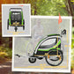 Green double child bike trailer with wheelbase and size measurements diagram