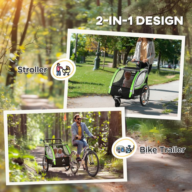 Green double child bike trailer showing 2-in-1 stroller and bike trailer concept