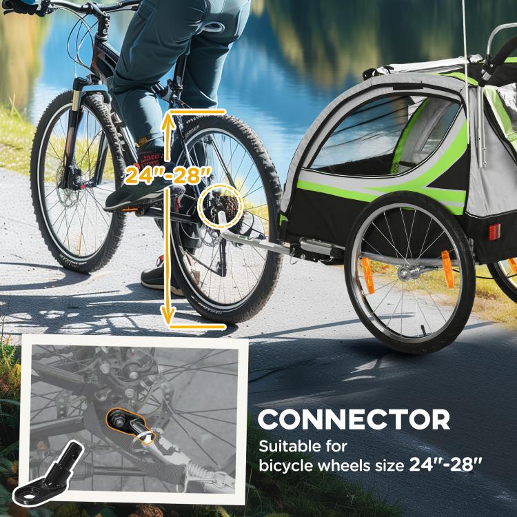 Green double child bike trailer with connector for 24–28 inch bicycle wheels