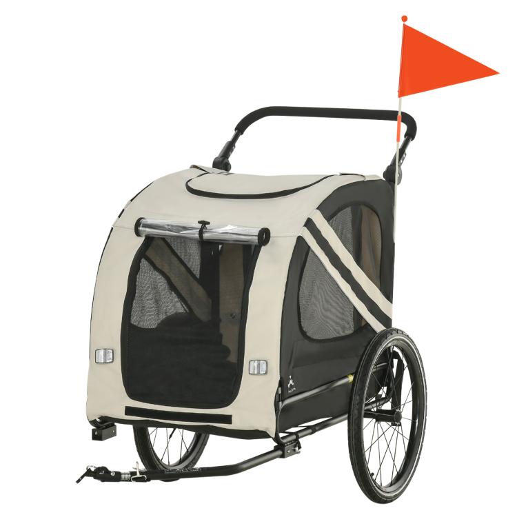 White and black pet bicycle trailer with mesh side windows and rear wheel