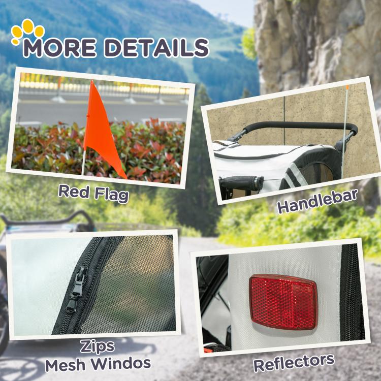 White pet bike trailer attachment with mesh windows, reflectors, zippers, and handlebar
