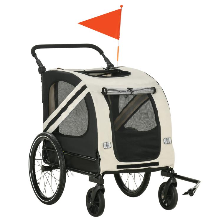 White 2-in-1 pet bike trailer with see-through mesh side windows and black wheels