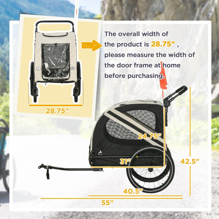 Pet bike trailer size diagram showing white frame dimensions and folded door view