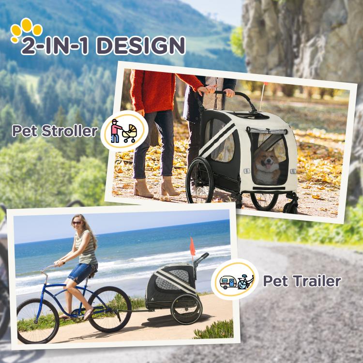 2-in-1 pet trailer and stroller promotional layout with folded and installed trailer photos