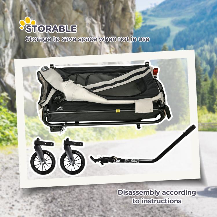 Folded pet bike trailer storage layout with wheels and components shown on diagram