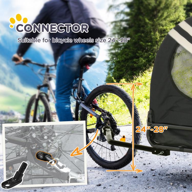 Connector diagram for pet trailer attachment with bicycle wheel size label 24–28 inch
