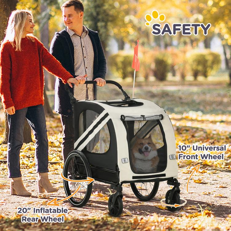 Safety feature image showing pet bike trailer with front wheel and rear wheel inflation labels
