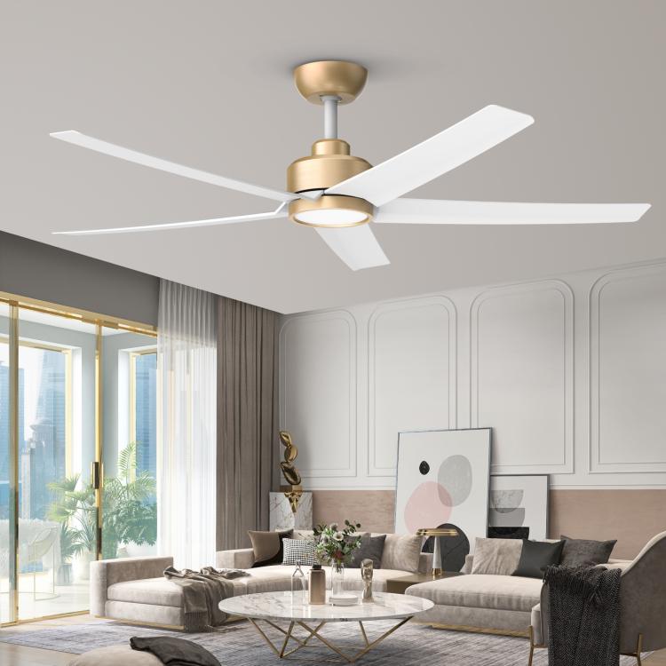 Ceiling fan with light, brushed gold motor housing and five white blades
