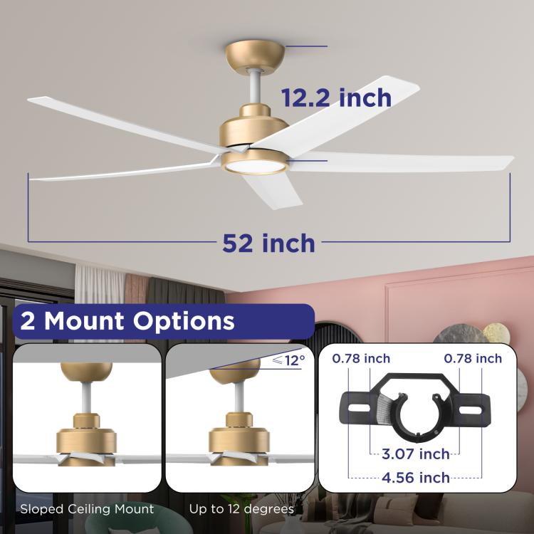 Ceiling fan with light, 52-inch blade span, brushed gold motor and white five blades