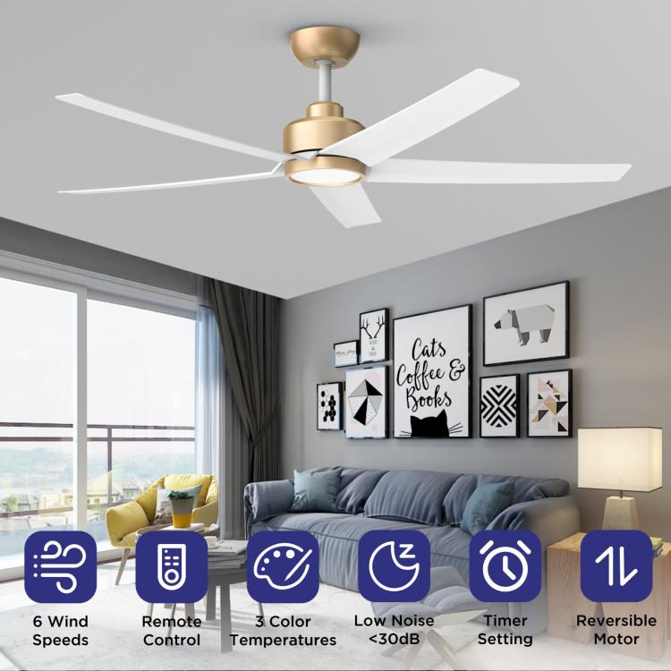 Ceiling fan with light, brushed gold motor and white five blades, low-noise design