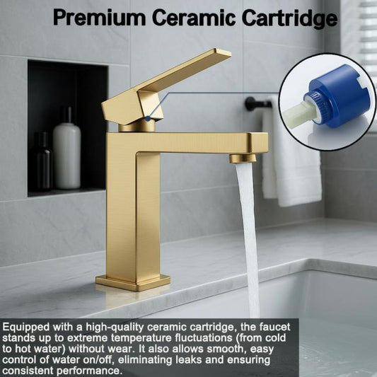 Single Handle Bathroom Faucet Lavatory Faucet Stainless Steel Single Hole-T20, Brushed Gold