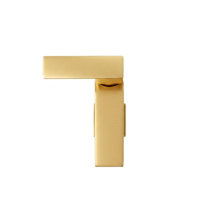 Brushed gold single-handle faucet top view with rectangular spout.