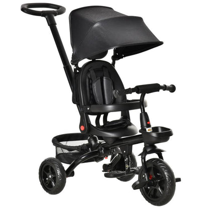 Black kids tricycle with canopy, safety bar, and adjustable parent handle