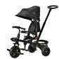 Black foldable tricycle with reversible seat and front tray