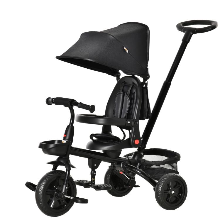 Black foldable tricycle with reversible seat and front tray