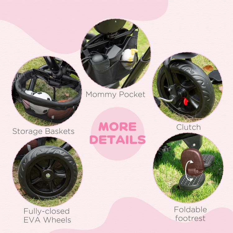 Foldable black kids tricycle with storage baskets, pocket, clutch wheel, EVA wheels