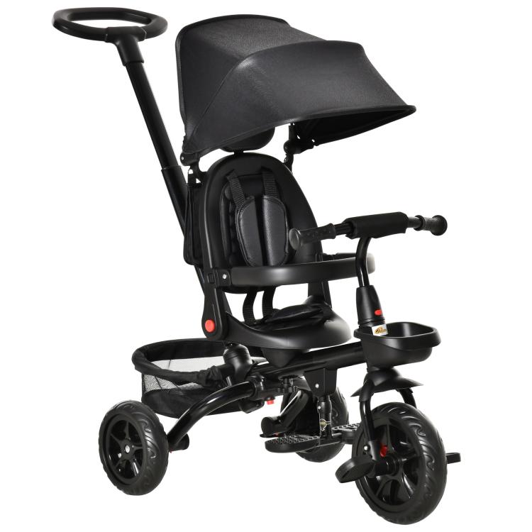 Black foldable kids tricycle with safety seat, parent handle, pedals, wheel brakes