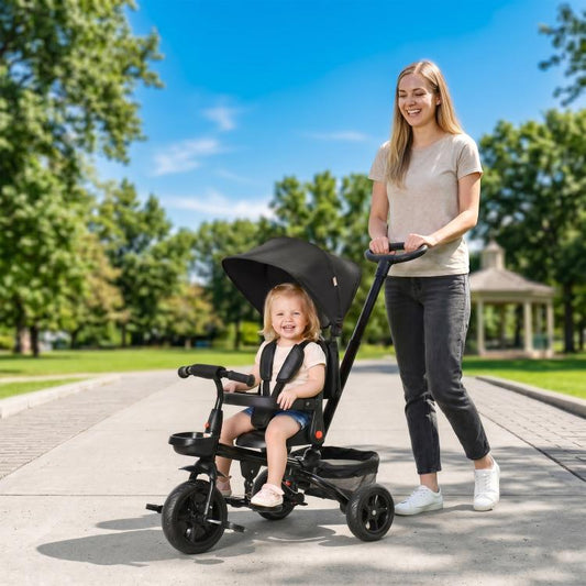 Kids Tricycle, 5 in 1 Foldable Trike with Reversible Seat, Adjustable Parent Handle, Safety Harness, Wheel Brakes, Black