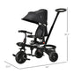Black folding kids tricycle with canopy and footrest, shown with product dimensions