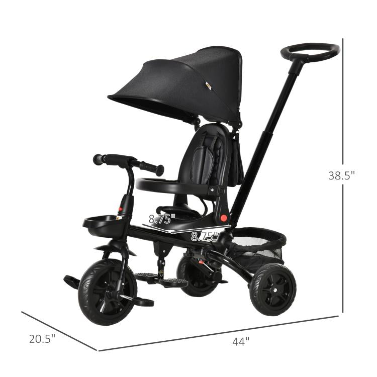 Black folding kids tricycle with canopy and footrest, shown with product dimensions