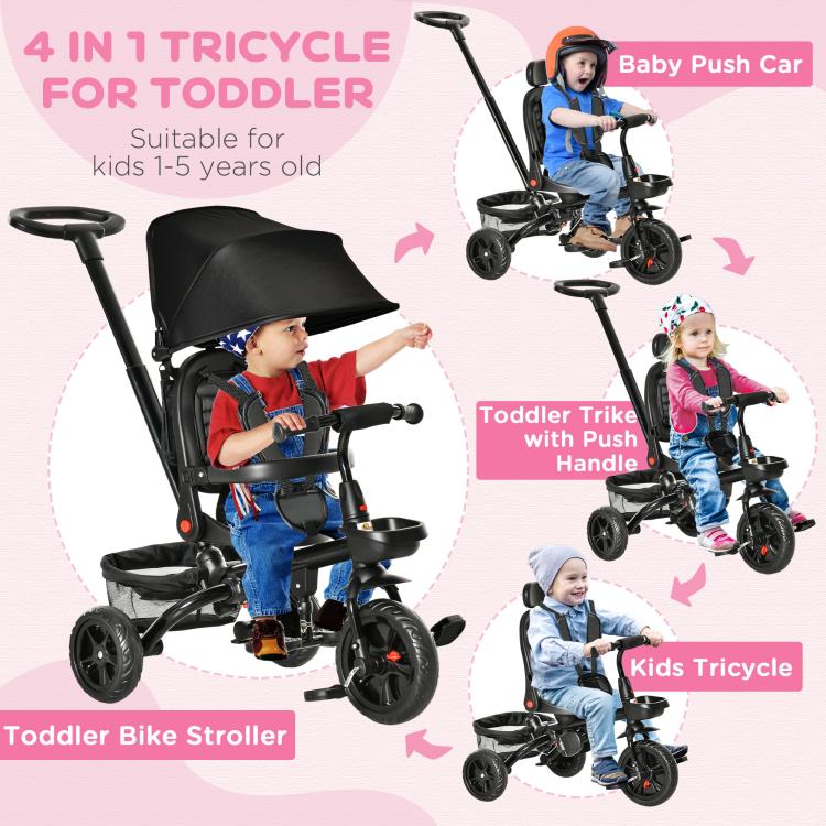 Black foldable kids tricycle shown in multiple modes with reversible seat