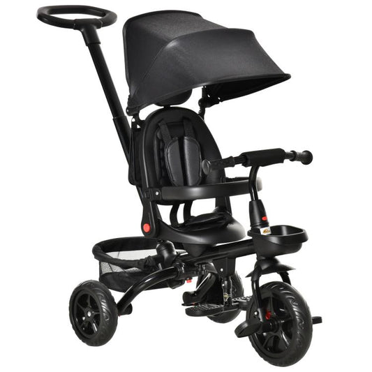 Kids Tricycle, 5 in 1 Foldable Trike with Reversible Seat, Adjustable Parent Handle, Safety Harness, Wheel Brakes, Black