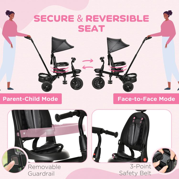 Black tricycle with reversible seat, showing parent-child and face-to-face modes