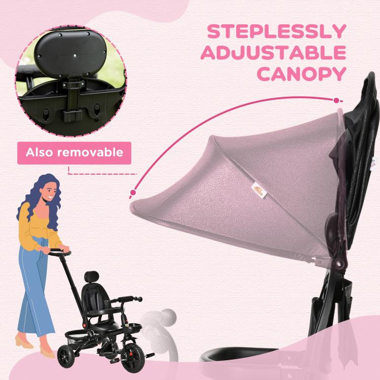 Black tricycle with step-less adjustable canopy that can be removed