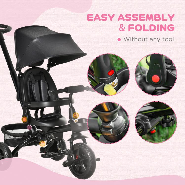 Black tricycle with easy tool-free assembly and folding mechanism, detail views