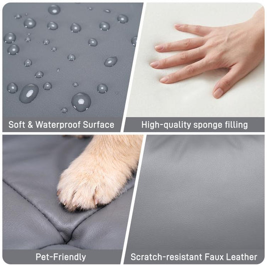 Grey faux leather recliner surface close-up with water-beading and scratch-resistant texture