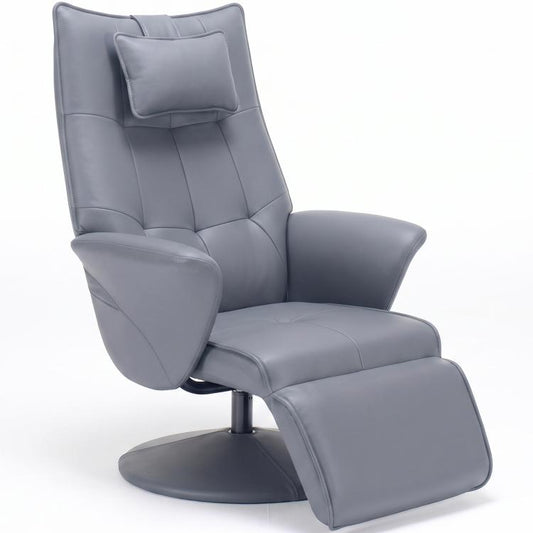 Grey faux leather swivel recliner chair with high back, headrest, and footrest