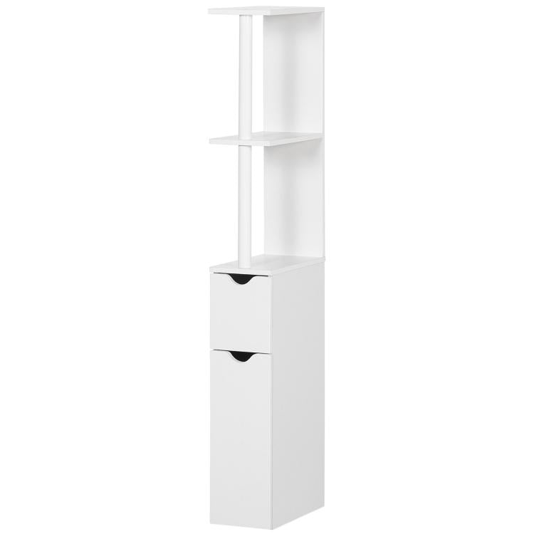 White tall bathroom storage cabinet with open shelves and two drawer fronts.