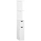 White bathroom storage cabinet with open shelves and two stacked drawer compartments