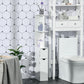 White bathroom storage cabinet with open shelves and two drawers, in a bathroom setting.