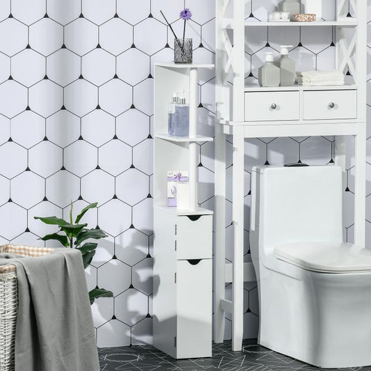 White bathroom storage cabinet with open shelves and two drawers, in a bathroom setting.