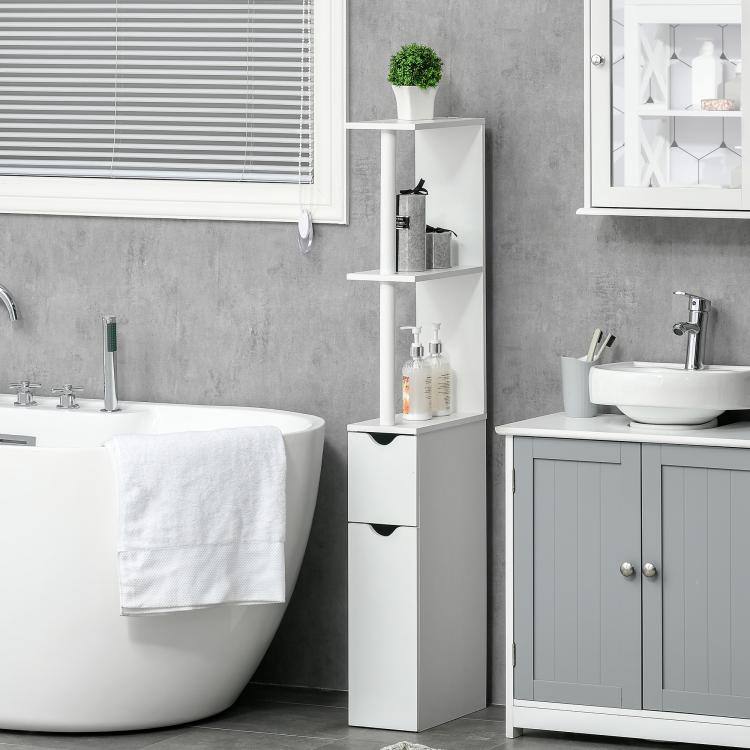 White bathroom storage cabinet with open shelves and two drawers beside a sink.