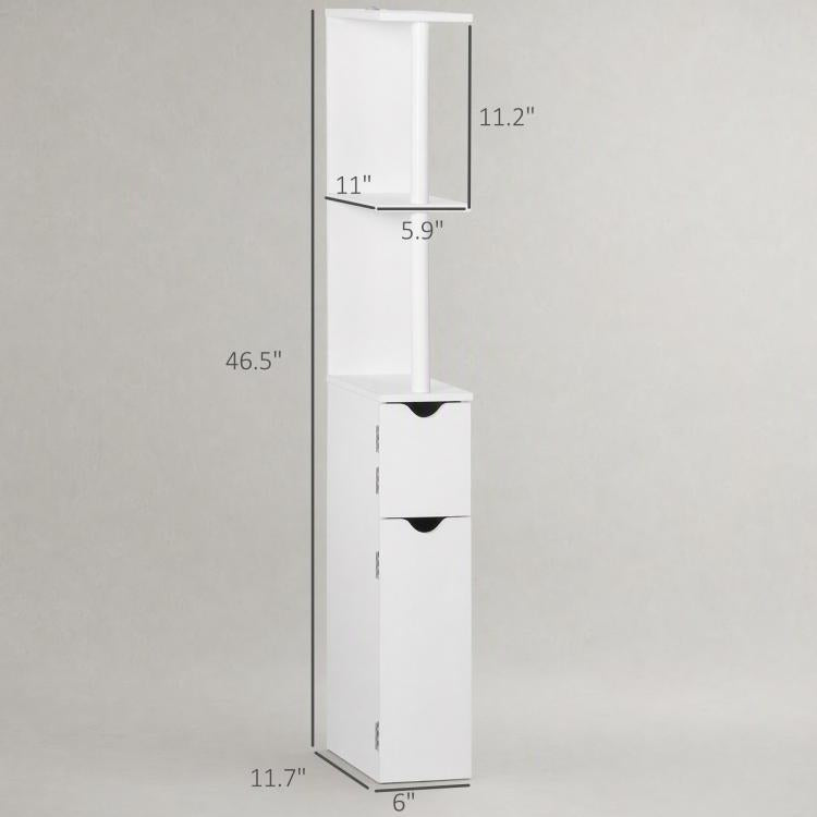 White bathroom storage cabinet with open shelving, two drawers, and size measurements.