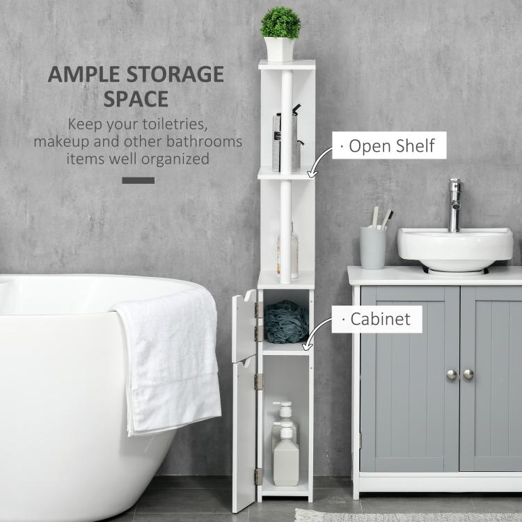 White narrow bathroom storage cabinet with open shelves, drawer, and anti-tip bracket shown.