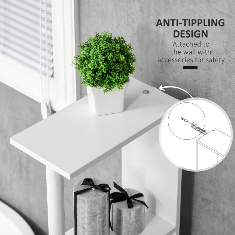 White cabinet with anti-tip design and wall attachment for safe bathroom use.