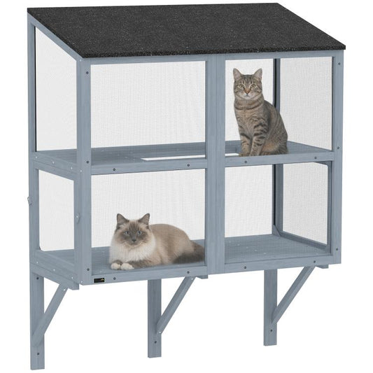 Gray two-level outdoor cat enclosure with mesh walls and dark textured roof