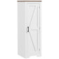 White upright storage cabinet with barn-style door and black handle, front view.